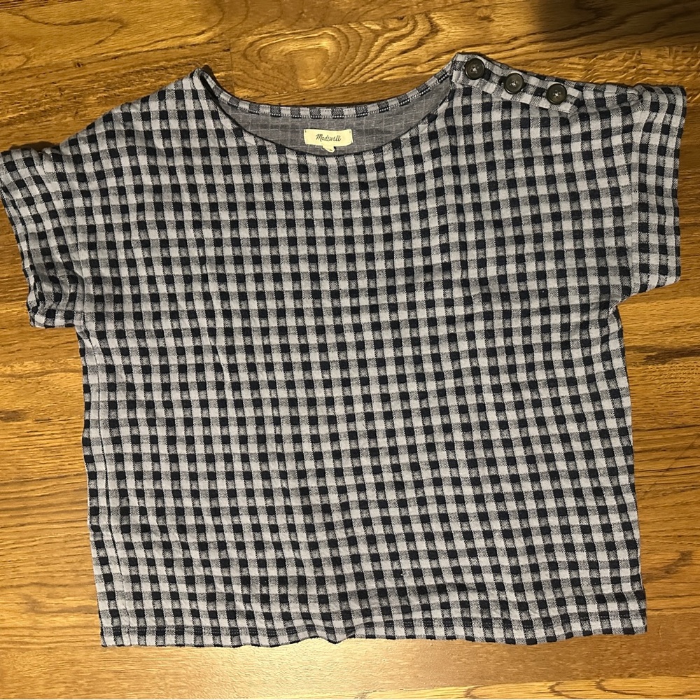 Madewell Blue & black Gingham check Button-Shoulder Top
